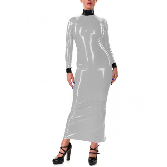 Womens Elegant Bodycon Full Sleeve Patchwork Long Pencil Dress Wetlook PVC High Neck Slim Back Zipper Maxi Hobble Dress Clubwear