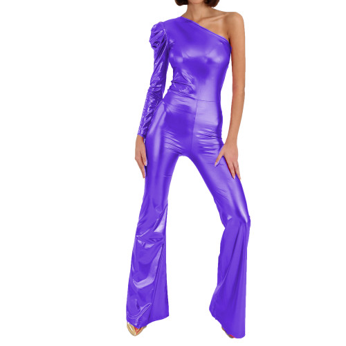 Sexy Metallic Fuax Leather Flare Pants Bodysuit Rompers Single Shoulder Full Sleeve Long Pants Catsuits Slim Jumpsuits Party 7XL