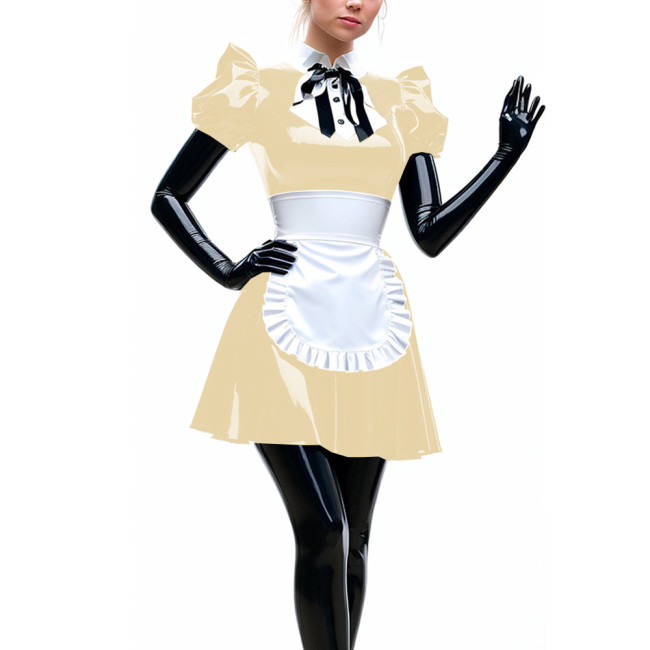 Elegant Turn-down Collar Short Puff Sleeve A-line Maid Dress with Apron Sissy Sexy PVC Shiny Maid Unifroms Cosplay Waitress 7XL