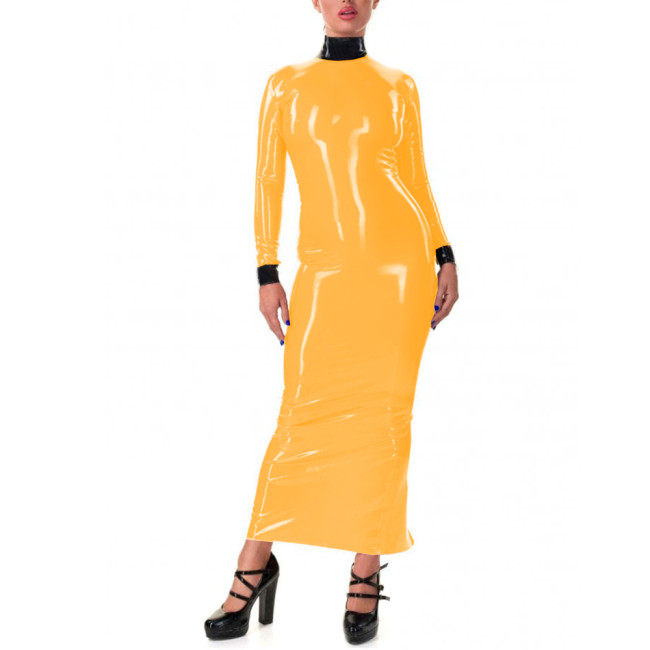 Womens Elegant Bodycon Full Sleeve Patchwork Long Pencil Dress Wetlook PVC High Neck Slim Back Zipper Maxi Hobble Dress Clubwear
