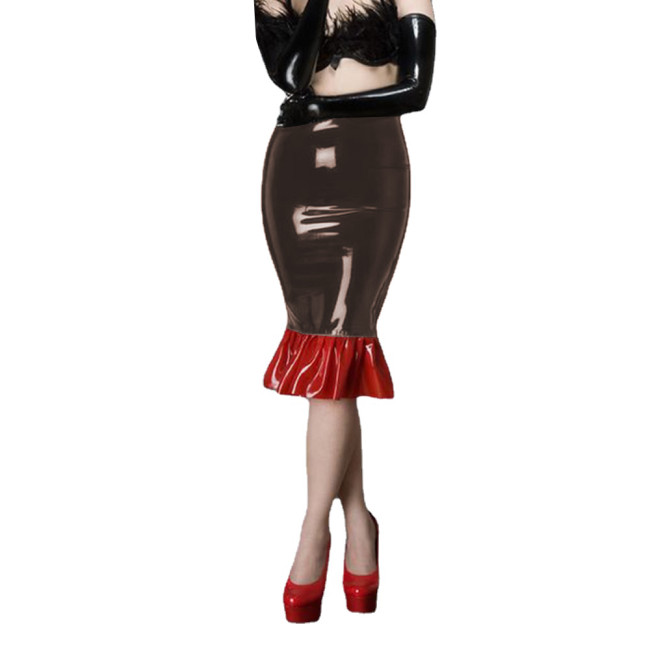 Female Sexy High Waist Vinyl Slim PVC Shiny Mermaid Skirts Lady Knee Length Ruffles Party Skirts Sissy Patchwork Flared Skirts