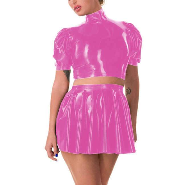 Fashion Solid Color Short Puff Sleeve Short Tops Pleated Mini Skirt Wetlook PVC Leather Two-piece Women's Club Dress Set Outfits