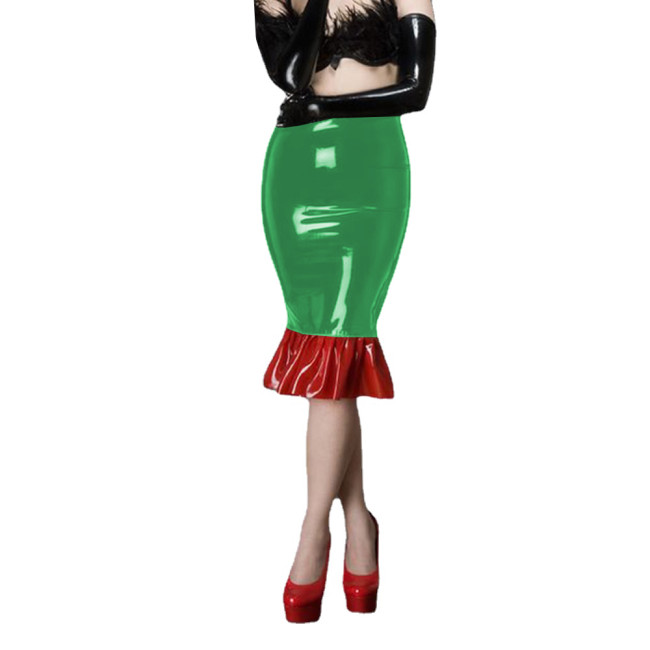 Female Sexy High Waist Vinyl Slim PVC Shiny Mermaid Skirts Lady Knee Length Ruffles Party Skirts Sissy Patchwork Flared Skirts