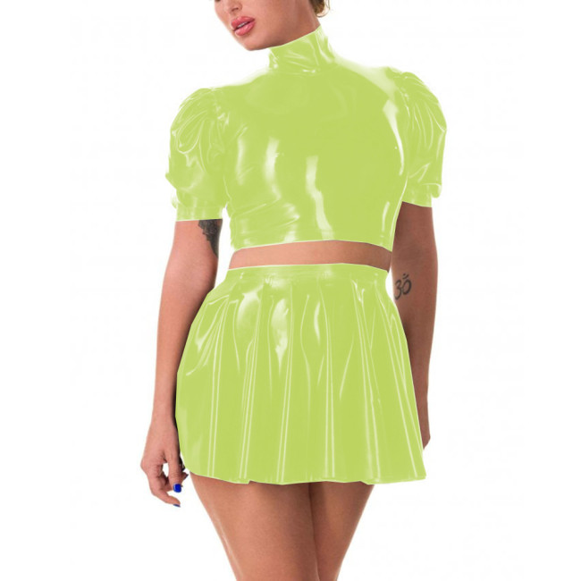 Fashion Solid Color Short Puff Sleeve Short Tops Pleated Mini Skirt Wetlook PVC Leather Two-piece Women's Club Dress Set Outfits