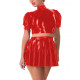 Fashion Solid Color Short Puff Sleeve Short Tops Pleated Mini Skirt Wetlook PVC Leather Two-piece Women's Club Dress Set Outfits