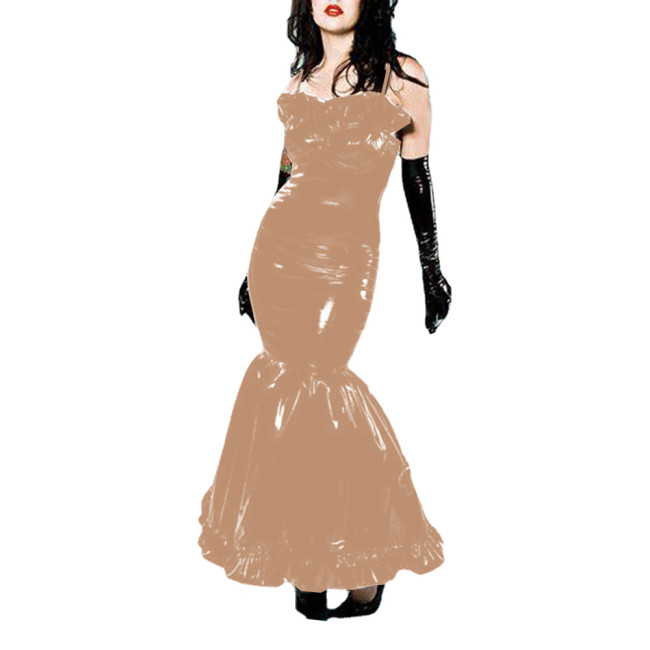 Sexy Fetish PVC Leather Bodycon Fishtail Suspender Long Dress Ruffles Wetlook Sleeveless Fit and Flared Mermaid Dress Clubwear