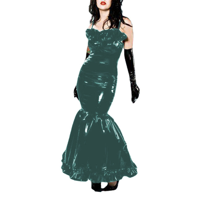 Sexy Fetish PVC Leather Bodycon Fishtail Suspender Long Dress Ruffles Wetlook Sleeveless Fit and Flared Mermaid Dress Clubwear