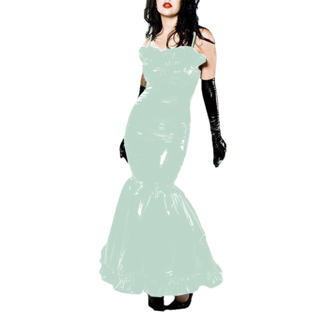 Sexy Fetish PVC Leather Bodycon Fishtail Suspender Long Dress Ruffles Wetlook Sleeveless Fit and Flared Mermaid Dress Clubwear