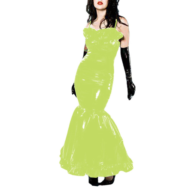 Sexy Fetish PVC Leather Bodycon Fishtail Suspender Long Dress Ruffles Wetlook Sleeveless Fit and Flared Mermaid Dress Clubwear