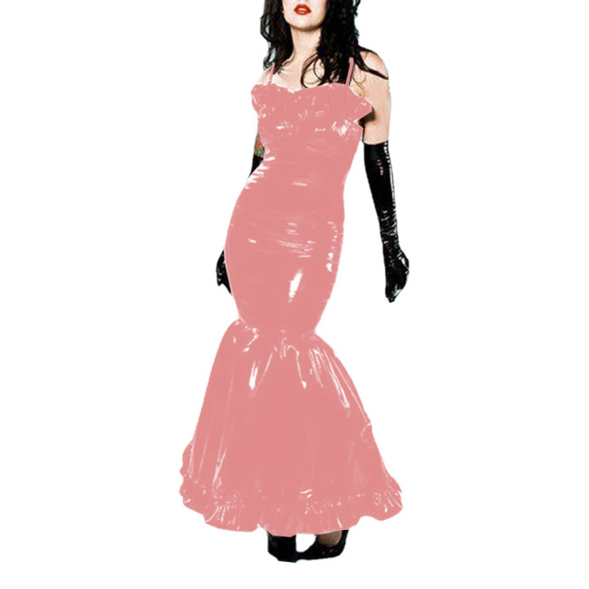 Sexy Fetish PVC Leather Bodycon Fishtail Suspender Long Dress Ruffles Wetlook Sleeveless Fit and Flared Mermaid Dress Clubwear