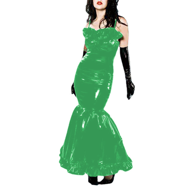 Sexy Fetish PVC Leather Bodycon Fishtail Suspender Long Dress Ruffles Wetlook Sleeveless Fit and Flared Mermaid Dress Clubwear