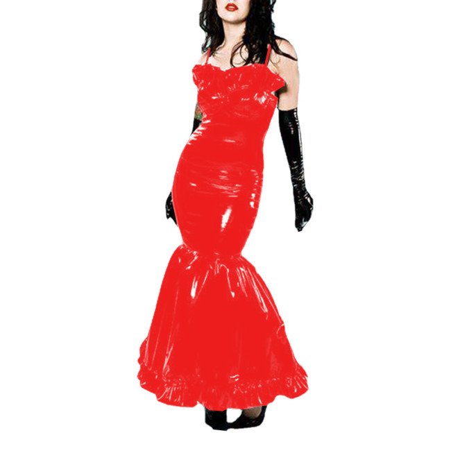 Sexy Fetish PVC Leather Bodycon Fishtail Suspender Long Dress Ruffles Wetlook Sleeveless Fit and Flared Mermaid Dress Clubwear