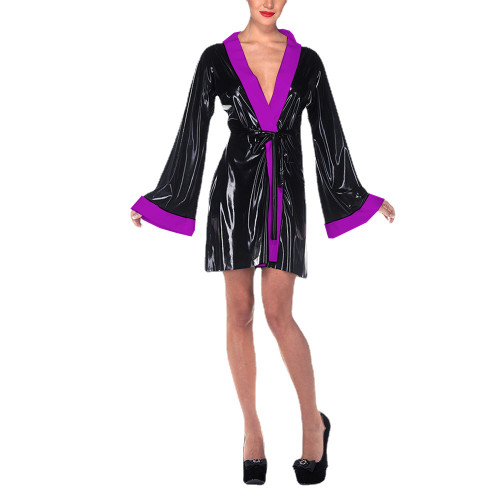 Mens Sissy Vinyl PVC Leather Short Nightdress Female Sexy Lace-up Lingerie Erotic Fantasy Sleepwear Sexy V-neck Dress Clubwear