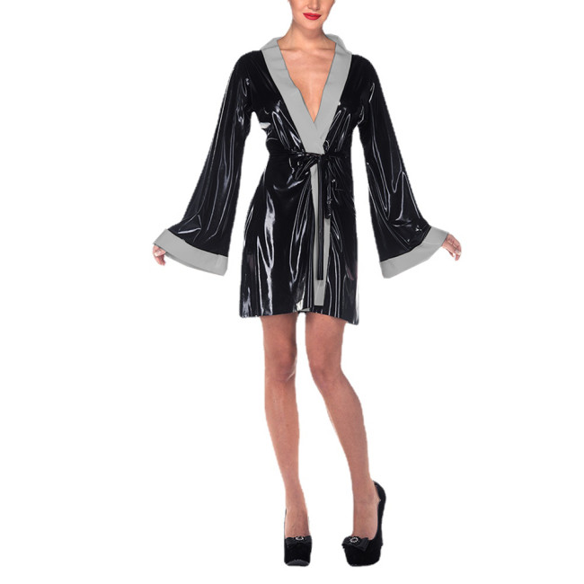 Mens Sissy Vinyl PVC Leather Short Nightdress Female Sexy Lace-up Lingerie Erotic Fantasy Sleepwear Sexy V-neck Dress Clubwear