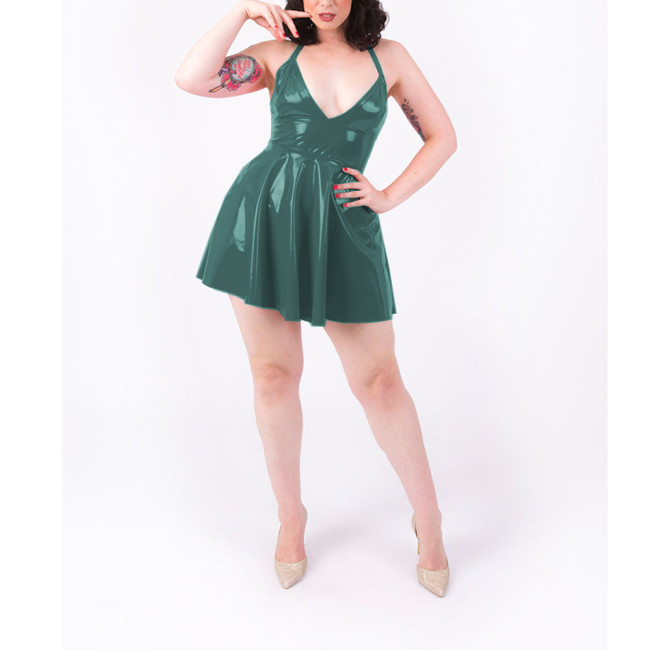 Shiny PVC Leather Sexy Halter Backless Party A-line Evening Dresses for Women Off-shoulder V-neck Mini Flared Dress Femme 7XL