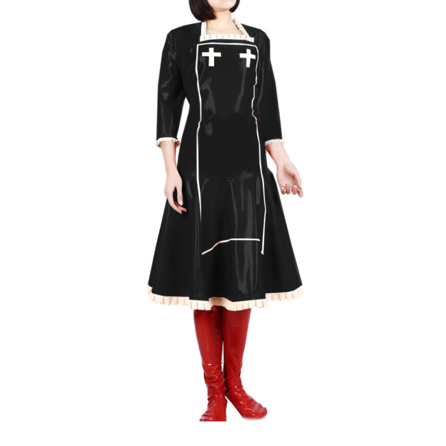 Adult Ruffles Square Collar PVC Shiny Nurse Dress Raves Party Midi A-line Nurse Outfits Heartbreaker Nurse Uniform Cosplay 7XL