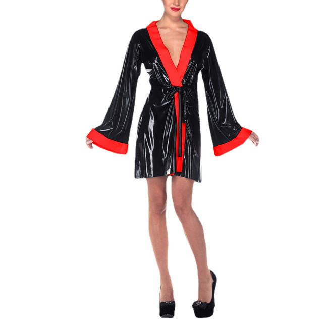 Mens Sissy Vinyl PVC Leather Short Nightdress Female Sexy Lace-up Lingerie Erotic Fantasy Sleepwear Sexy V-neck Dress Clubwear