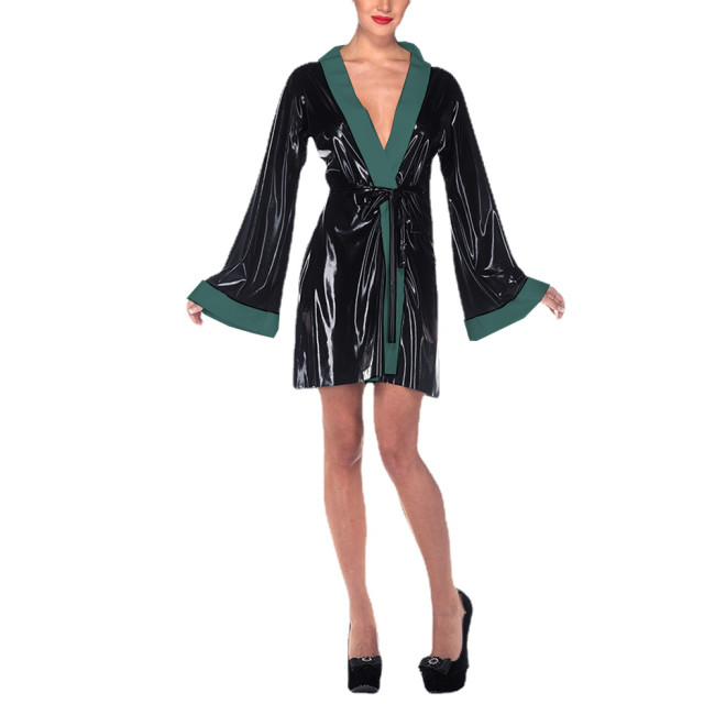 Mens Sissy Vinyl PVC Leather Short Nightdress Female Sexy Lace-up Lingerie Erotic Fantasy Sleepwear Sexy V-neck Dress Clubwear