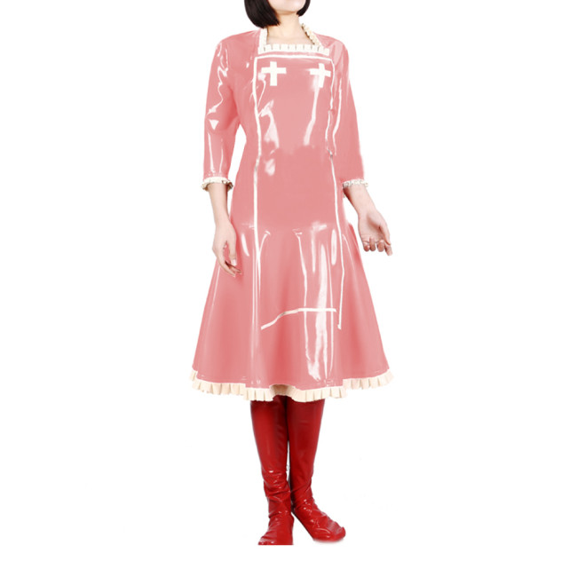 Adult Ruffles Square Collar PVC Shiny Nurse Dress Raves Party Midi A-line Nurse Outfits Heartbreaker Nurse Uniform Cosplay 7XL