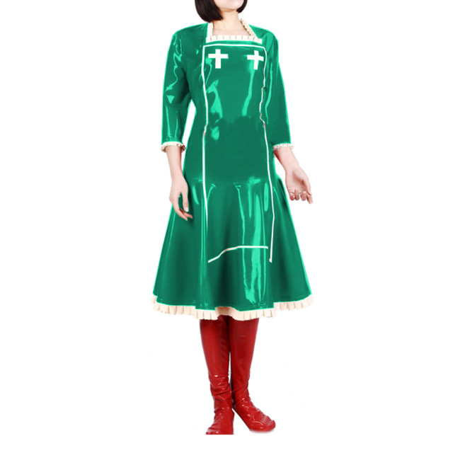 Adult Ruffles Square Collar PVC Shiny Nurse Dress Raves Party Midi A-line Nurse Outfits Heartbreaker Nurse Uniform Cosplay 7XL
