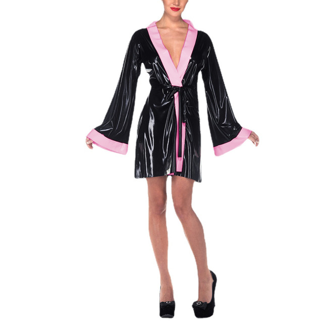 Mens Sissy Vinyl PVC Leather Short Nightdress Female Sexy Lace-up Lingerie Erotic Fantasy Sleepwear Sexy V-neck Dress Clubwear