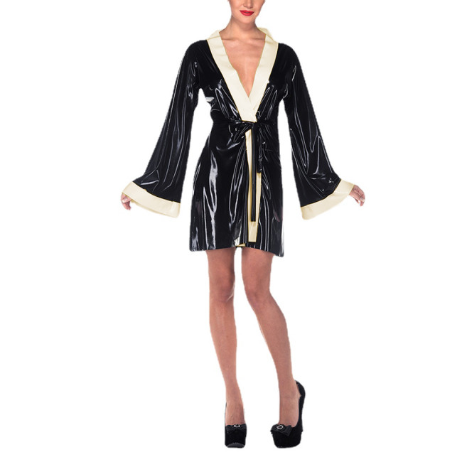 Mens Sissy Vinyl PVC Leather Short Nightdress Female Sexy Lace-up Lingerie Erotic Fantasy Sleepwear Sexy V-neck Dress Clubwear