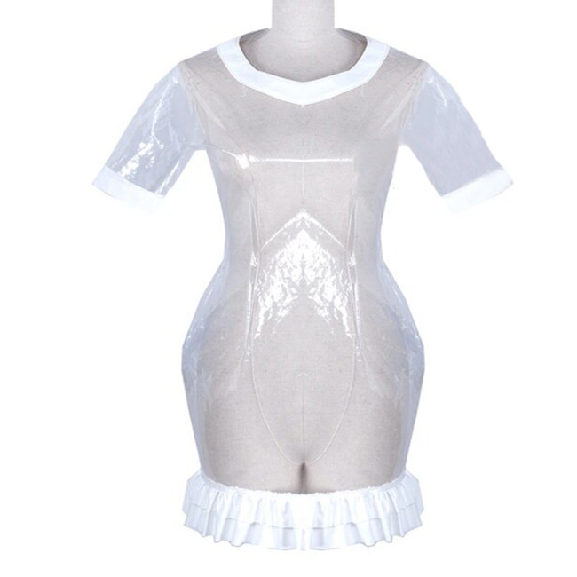 Lockable Fancy Dress Exotic Plastic Clear Plastic PVC Patchwork Sheath Dress Round Neck Ruffles Hem Hobble Mini Dress Costumes