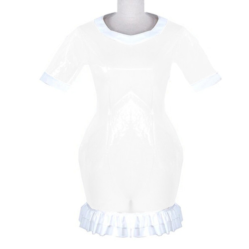 Lockable Fancy Dress Exotic Plastic Clear Plastic PVC Patchwork Sheath Dress Round Neck Ruffles Hem Hobble Mini Dress Costumes