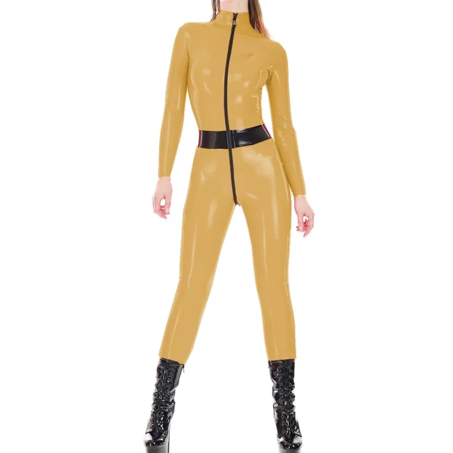 Sexy Mock Neck Party Club Street Jumpsuits Wetlook PVC Partchwork Black Front Two-way Zipper to Crotch Faux Latex Women Catsuits