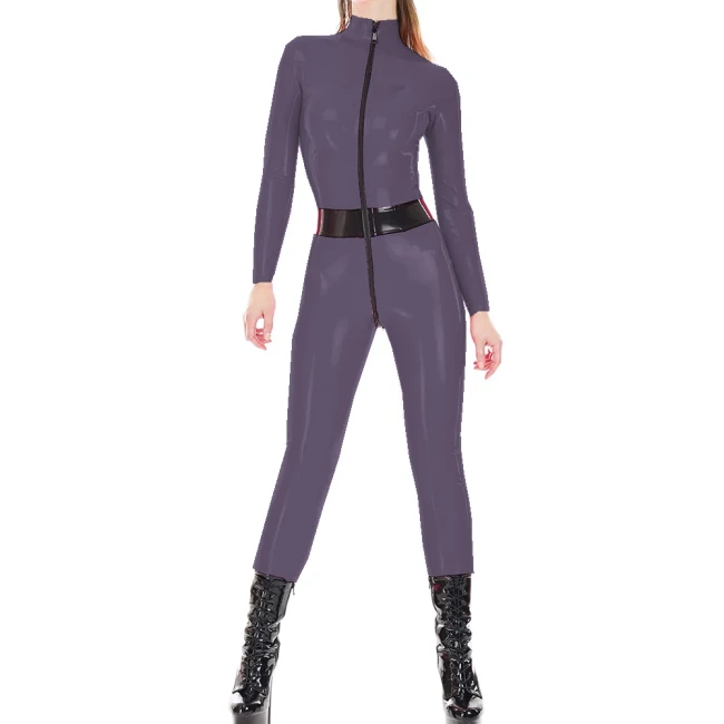 Sexy Mock Neck Party Club Street Jumpsuits Wetlook PVC Partchwork Black Front Two-way Zipper to Crotch Faux Latex Women Catsuits