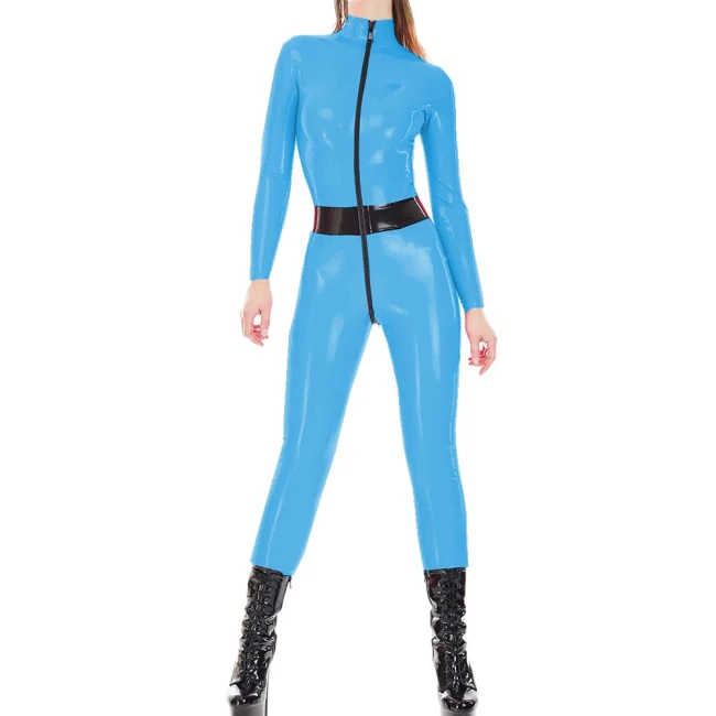 Sexy Mock Neck Party Club Street Jumpsuits Wetlook PVC Partchwork Black Front Two-way Zipper to Crotch Faux Latex Women Catsuits