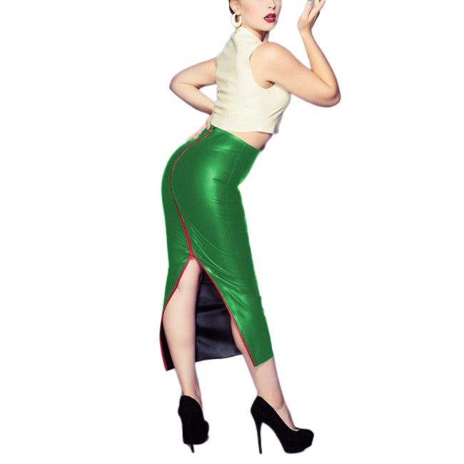 Summer Sexy Shiny Metallic Skirt PU Leather Elegant Lady Office Slim Midi Skirt Women High Waist Full Zip Bodycon Skirt