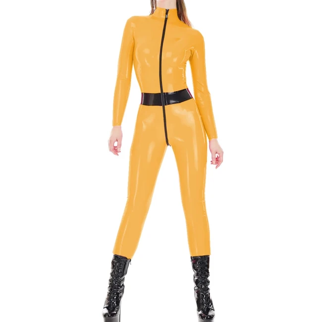 Sexy Mock Neck Party Club Street Jumpsuits Wetlook PVC Partchwork Black Front Two-way Zipper to Crotch Faux Latex Women Catsuits