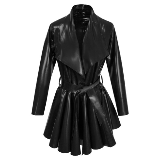 Fashion PVC Long Sleeves A-Line Belt Large Lapel Dress Pleated Hem Mid-Length Jackets Womens Clothing Open Stitch Lady Coats