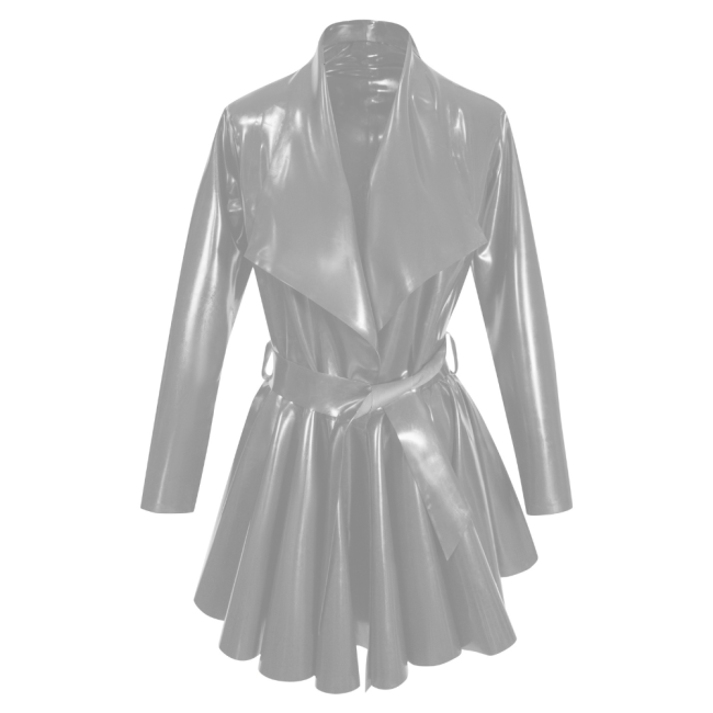 Fashion PVC Long Sleeves A-Line Belt Large Lapel Dress Pleated Hem Mid-Length Jackets Womens Clothing Open Stitch Lady Coats