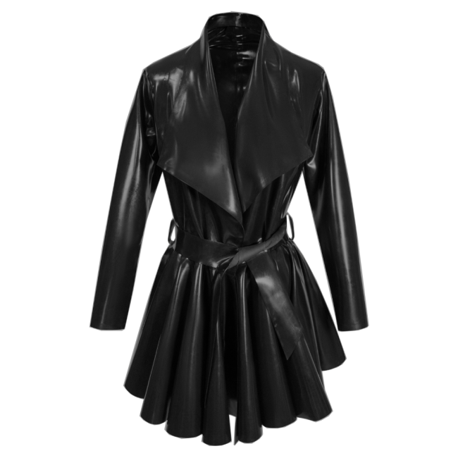 Fashion PVC Long Sleeves A-Line Belt Large Lapel Dress Pleated Hem Mid-Length Jackets Womens Clothing Open Stitch Lady Coats
