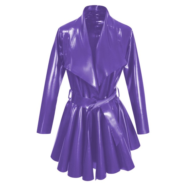 Fashion PVC Long Sleeves A-Line Belt Large Lapel Dress Pleated Hem Mid-Length Jackets Womens Clothing Open Stitch Lady Coats