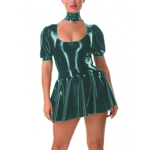Gothic Punk Mini Pleated A-line PVC Shiny Dress Sexy Slim Scoop Neck Short Sleeve Party Dress with Choker Collar Fetish Dress