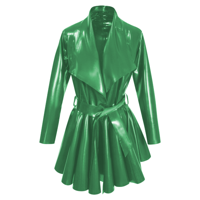 Fashion PVC Long Sleeves A-Line Belt Large Lapel Dress Pleated Hem Mid-Length Jackets Womens Clothing Open Stitch Lady Coats