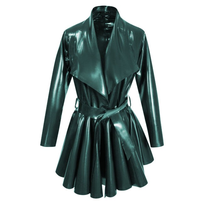 Fashion PVC Long Sleeves A-Line Belt Large Lapel Dress Pleated Hem Mid-Length Jackets Womens Clothing Open Stitch Lady Coats
