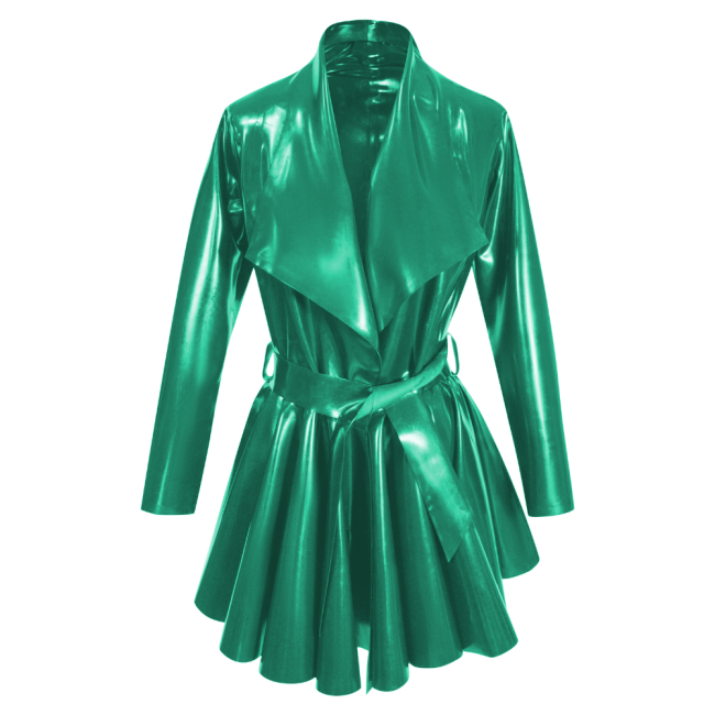 Fashion PVC Long Sleeves A-Line Belt Large Lapel Dress Pleated Hem Mid-Length Jackets Womens Clothing Open Stitch Lady Coats