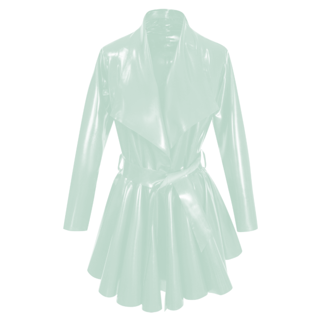 Fashion PVC Long Sleeves A-Line Belt Large Lapel Dress Pleated Hem Mid-Length Jackets Womens Clothing Open Stitch Lady Coats