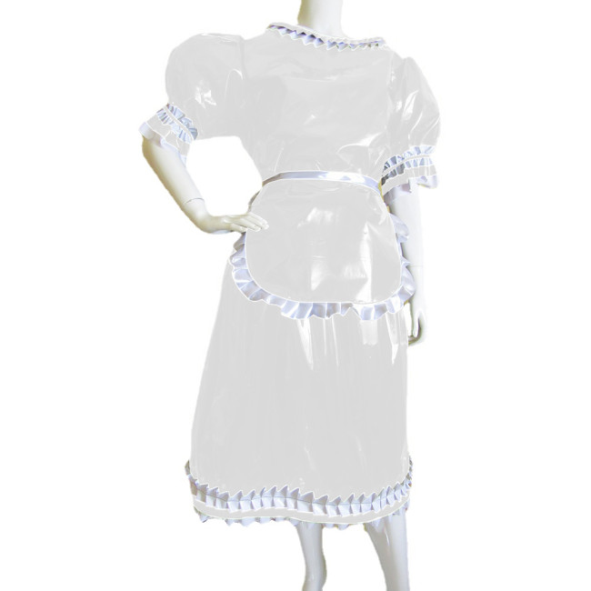 Sissy Frills O-Neck Puff Short Sleeve Midi Maid Dress with Ruffles Apron Party Lolita A-line Slim Maid Unifrom Cosplay Costumes
