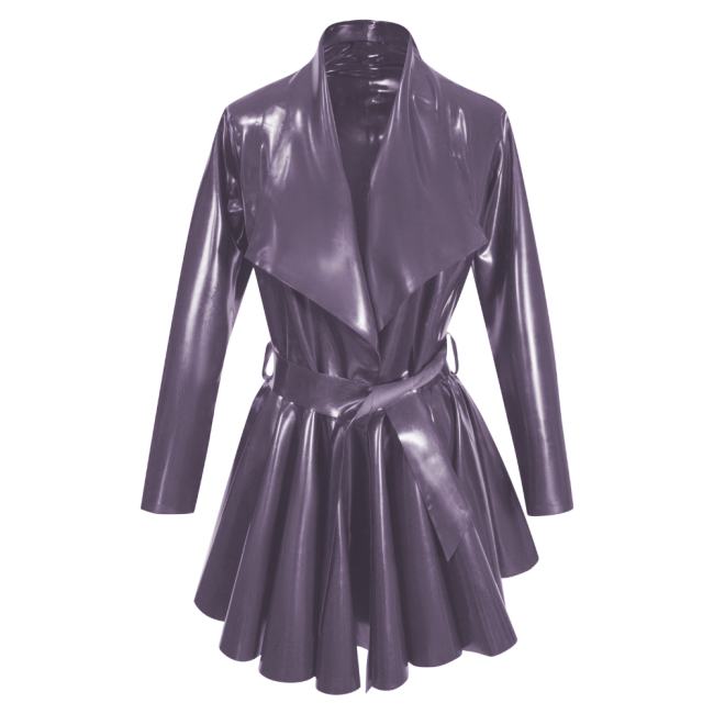 Fashion PVC Long Sleeves A-Line Belt Large Lapel Dress Pleated Hem Mid-Length Jackets Womens Clothing Open Stitch Lady Coats