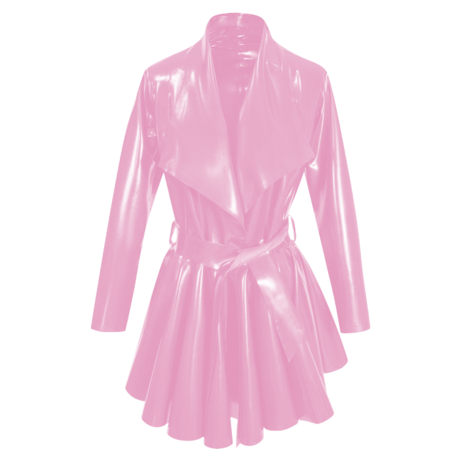 Fashion PVC Long Sleeves A-Line Belt Large Lapel Dress Pleated Hem Mid-Length Jackets Womens Clothing Open Stitch Lady Coats