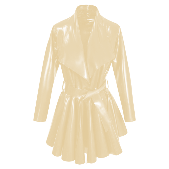 Fashion PVC Long Sleeves A-Line Belt Large Lapel Dress Pleated Hem Mid-Length Jackets Womens Clothing Open Stitch Lady Coats