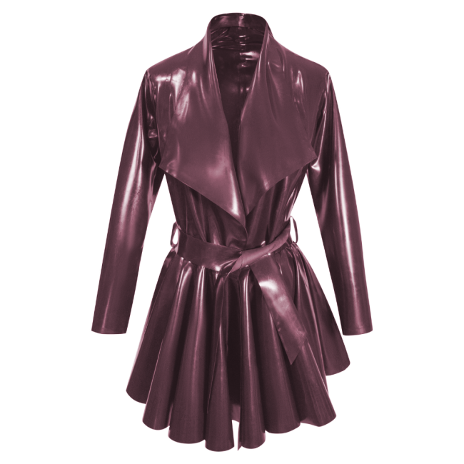 Fashion PVC Long Sleeves A-Line Belt Large Lapel Dress Pleated Hem Mid-Length Jackets Womens Clothing Open Stitch Lady Coats