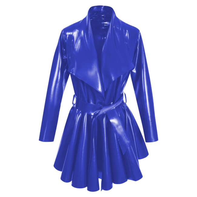 Fashion PVC Long Sleeves A-Line Belt Large Lapel Dress Pleated Hem Mid-Length Jackets Womens Clothing Open Stitch Lady Coats