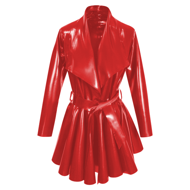 Fashion PVC Long Sleeves A-Line Belt Large Lapel Dress Pleated Hem Mid-Length Jackets Womens Clothing Open Stitch Lady Coats