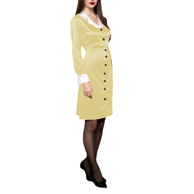 Office Ladies Single-breasted Satin Slim Dress Women Elegant Turn-down Collar Knee Length Shirt Dress Long Sleeve Female Dresses
